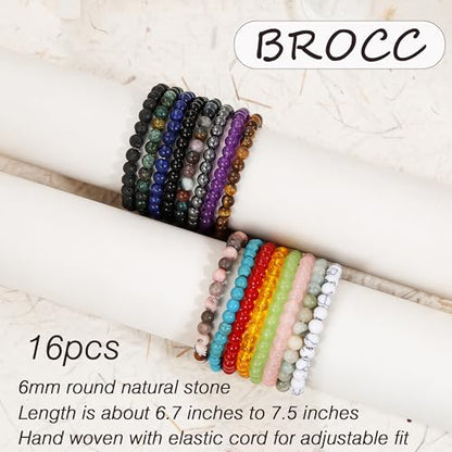 BROCC 16PCS Natural Healing Crystal Bracelets for Women 6mm Beads Bracelet | Healing Crystal Beads, Stretch Bracelet,Natural Stone,Handmade and easy to wear,Yoga Bracelets,Meaning Card Bracelet Gift Set