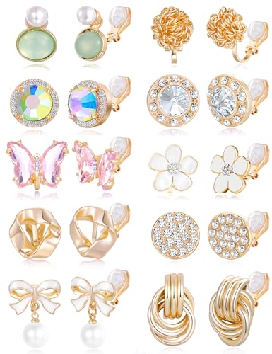 Tornito 10-15 Pairs Clip on Stud Earrings Non Pierced Teardrop Round Square CZ Pearl Twist Knot Flower Butterfly Heart Star Rainbow Cat Opal Clip on Earrings for Women - color: I:10 Pairs Gold Tone