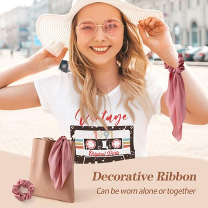 6 PCS Scrunchies with Bow, Silky Satin Bow Hair Ties | Hair Scarf Scrunchies for Women Girls, Knotted Bows Silk Hair Ties, Satin Hair Ribbon Elastic Hair Tie, Long - color: Red&Black