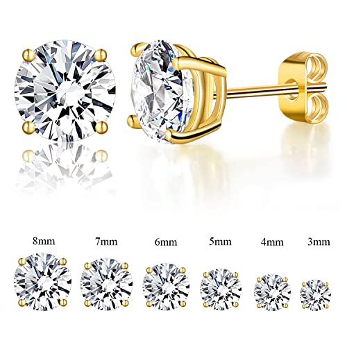 6 Pairs Cubic Zirconia Stud Earrings for Women/Men - Round Cut 4 Prong Settings 18K Gold Plated Hypoallergenic 3-8mm Clear Earrings Set - color: 3-8mm Gold - Round 4 Prong