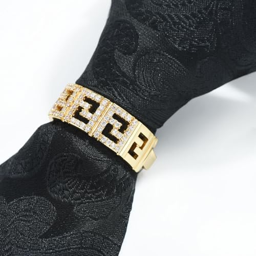 Sparkling Crystal Men's Neck Tie Ring Tie Clasp Necktie Clips Holder Tie Accessories with Box for Wedding Jewelry Gift - style: Gold Clips with Hollow Square