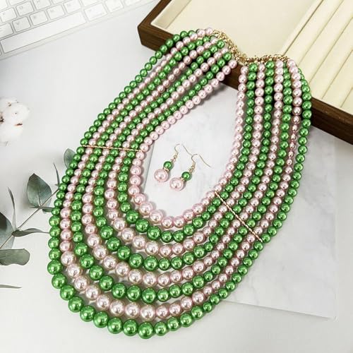 Multilayer Strand Chain Faux Pearls Flapper Beads Cluster Long Choker Necklace - color: Pink Green Necklace（Mix Random）