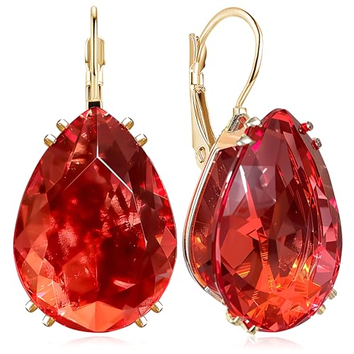 14K Gold Teardrop Crystal Leverback Earrings Sparkly Rhinestone Water Droplet Dangle Drop Earrings For Women - color: Bright Red