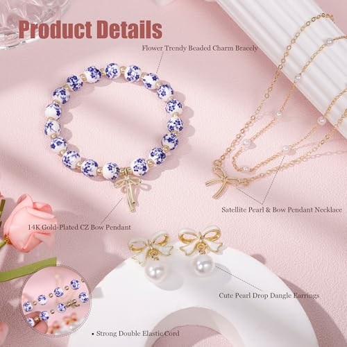 Bow Bracelet Necklace Earring Set for Women 14K Gold Plated Dainty Bow Necklace Flower Trendy Beaded Charm Bracelet Cute Pearl Drop Dangle Earrings Love Romantic Jewelry Gifts - color: blue
