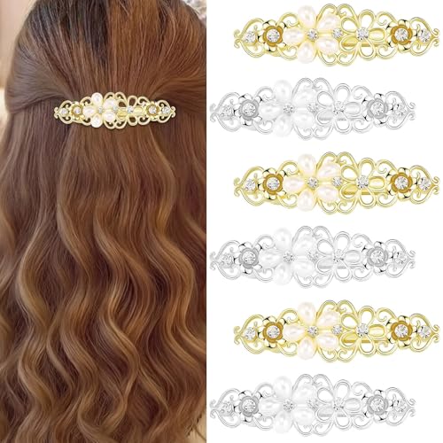 Geosar 6 Pcs Pearl Hair Clips Barrettes for Women Rhinestone Bridal Hair Clips French Barrette Silver Gold Crystal Vintage Hairpins Decorative Accessories for Women Wedding Bride Bridesmaid
