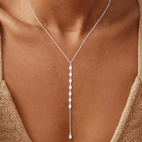 Lariat Necklace for Women, Non Tarnish Dainty Chain Stackable 14K Gold Plated Cute Trendy Layered Necklaces Elegant Jewelry Gift for Women Her - color: Silver, style: CZ