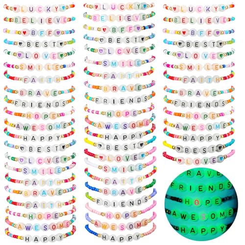 6 Pcs Beaded Friendship Bracelets Bulk Colorful Glow in the Dark Inspired Letter Bracelets Y2k Stretchy Preppy Adjustable Jewelry for Music Lovers Fans Women Party Favor Gifts - style: Fluorescent