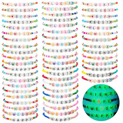 6 Pcs Beaded Friendship Bracelets Bulk Colorful Glow in the Dark Inspired Letter Bracelets Y2k Stretchy Preppy Adjustable Jewelry for Music Lovers Fans Women Party Favor Gifts - style: Fluorescent
