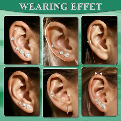 Stainless Steel Stud and Hoop Earrings Sets for Ear Stacks | Choose gold or silver pearl studs, CZ studs, flat backs, butterfly backs, hoops and multi-pair ear stack sets. - color: 4 Pairs 20G Gold