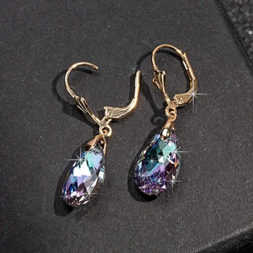 Austrian Crystal Teardrop Leverback Dangle Earrings for Women Fashion 14K Gold Plated Hypoallergenic Jewelry - color: Vitrail Light