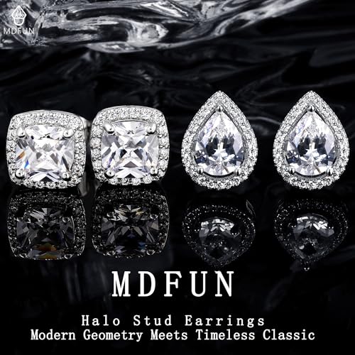 MDFUN Halo Stud Earrings 18K Gold Plated Round/Square/Heart/Teardrop Cubic Zirconia Earrings Set for Women - color: A-Square/Teardrop