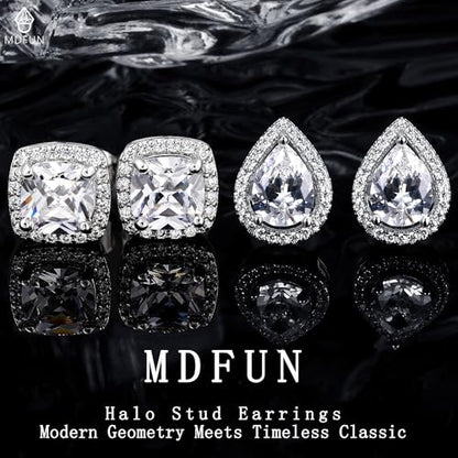 MDFUN Halo Stud Earrings 18K Gold Plated Round/Square/Heart/Teardrop Cubic Zirconia Earrings Set for Women - color: A-Square/Teardrop