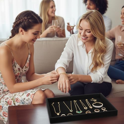 4 Pack Jewelry Tray, Stackable Velvet Jewelry Organizer Tray Jewelry-Tray Stackable Jewelry-Trays 3.8"x9.5"x1.2" Divided Ring Organizer-Tray for Necklace Earring Ring Watch Bracelet,Black