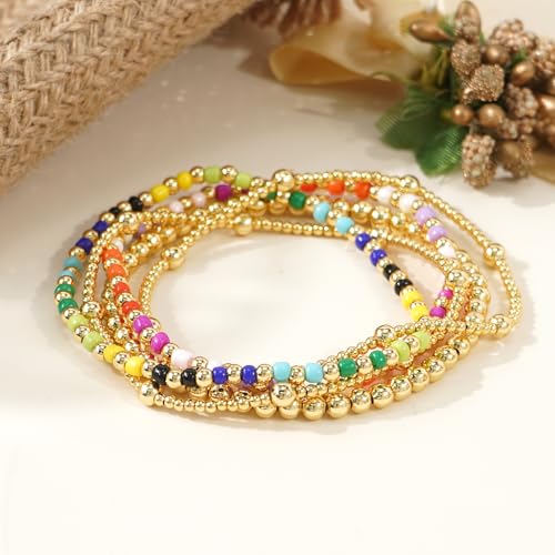 Colorful Gold Plated Stackable Ball Seed Beaded Bracelets Set For Women, Boho Handmade Romantic Stretch Accessories Jewelry, Daily Wear Holiday Party Friendship Gift - color: Rainbow