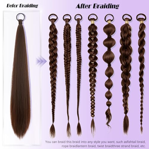 Yaki Straight Ponytail Extension 2 PCS 26 Inch Dark Reddish Brown Ponytail Extensions for Black Women 90g Synthetic Hairpieces for Braided Ponytail Extension DIY Daily Party Use - color: Dark Reddish Brown