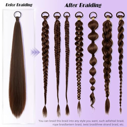 Yaki Straight Ponytail Extension 2 PCS 26 Inch Dark Reddish Brown Ponytail Extensions for Black Women 90g Synthetic Hairpieces for Braided Ponytail Extension DIY Daily Party Use - color: Dark Reddish Brown