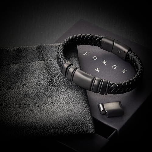 Forge & Foundry Men's Adjustable Black Leather Bracelet | Genuine Woven Leather with Snap Clasp | Design-Led, Artisan Jewelry from London [Navarro] - color: Black - Single Strand, size: Medium