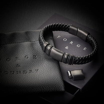 Forge & Foundry Men's Adjustable Black Leather Bracelet | Genuine Woven Leather with Snap Clasp | Design-Led, Artisan Jewelry from London [Navarro] - color: Black - Single Strand, size: Medium