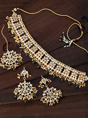 Aheli Elegant Indian Faux Kundan Studded Choker Necklace with Maang Tikka Set Ethnic Wedding Wear Bharatanatyam jewellery set Gift for Women - color: Green