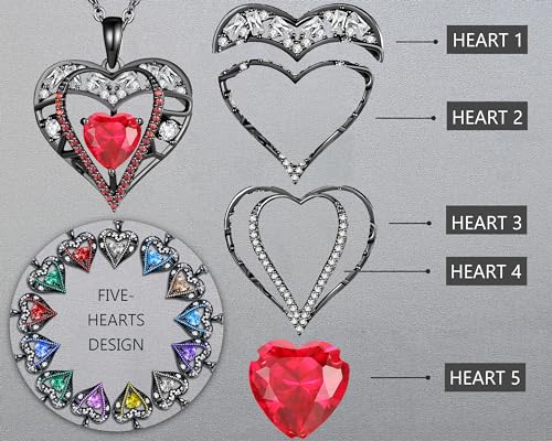 5 Heart I Love You Necklace for Women, Birthstone Crystal Pendant, Birthday Gift for Her, Wife, Mom, Rose Gold or Gunmetal Plated, 925 Sterling Silver Chain 18"+2" - color: 14-Ruby Garnet Red-GunMetal Plated