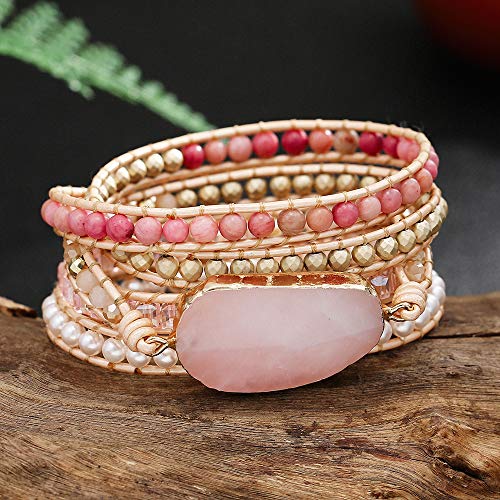 Plumiss Women Boho Handmade Natural Stone Crystal Leather Bead Wrap Bracelets Collection - style: Rose Quartz 5W