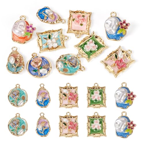 10Pcs Alloy Enamel Flower Charms Golden Plated 3D French Style Oil Painting Pendants with Pearl Bead, Geometric Frame Vintage Floral Charms for Bracelet Necklace Earring - color: Golden Plated, 5 Shapes