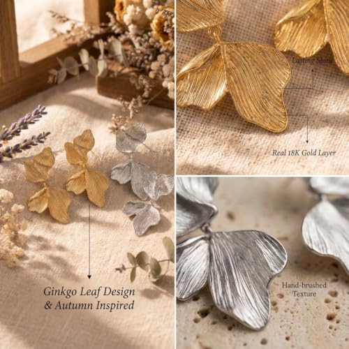 Chunky Gold Plated Flower Statement Drop Earrings for Women | Hypoallergenic 18K Gold Plated Textured Petal Wing, Large Statement Dangle Earrings for Wedding Party - color: Gold+Silver(2 pairs)