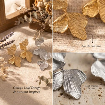 Chunky Gold Plated Flower Statement Drop Earrings for Women | Hypoallergenic 18K Gold Plated Textured Petal Wing, Large Statement Dangle Earrings for Wedding Party - color: Gold+Silver(2 pairs)