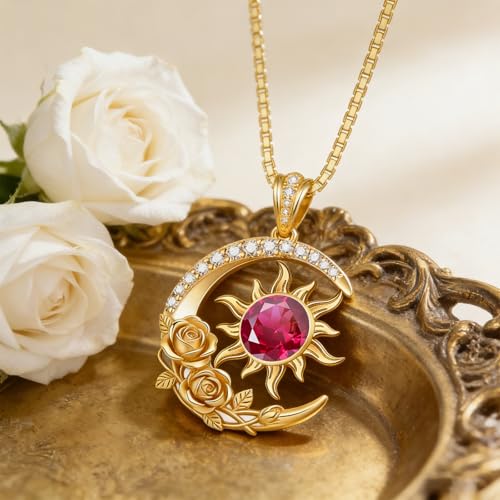 Midari 18K Yellow Gold Sun Moon Star Pendant Rose Flower Necklaces I Love You Forever Sun Moon Jewelry Gift for Mother Women - color: 07-Jul-Ruby, style: Sun&Moon