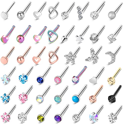36-44 Pcs 18G 20G Nose Rings Studs Nose Rings for Women Nose Piercings Jewelry Surgical Stainless Steel Nose Studs Moon Star Heart Butterfly Hypoallergenic Body Piercing Jewelry for Women Men - color: 20G Colorful A-Straight- 44 Pcs