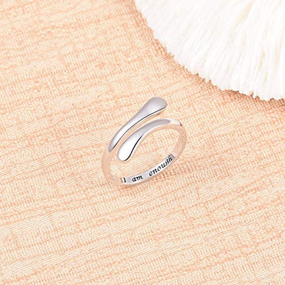 Fookduoduo 925 Sterling Silver Ring Inspirational Jewelry adjustable Wrap Open Rings for Women - style: I am enough
