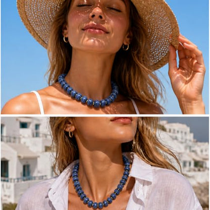 Chunky Colorful Beaded Necklace for Women Boho Summer Statement Resin Choker Necklaces Beach Jewelry Accessories - color: Navy Blue