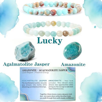 4mm 6mm 8mm Healing Crystal Bracelets for Women Men Natural Stone Beaded Stretch Bracelet Handmade Gemstone Reiki Spiritual Jewelry Gifts - color: Amazonite+Agalmatolite Jasper-Lucky, size: 6mm