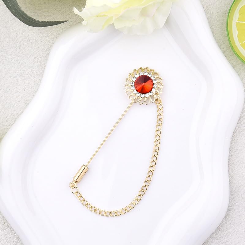 Mens Sunflower Lapel Pin Crystal Rhinestone Brooches for Men Hanging Chain Brooch Suit Pin Flower Lapel Pins for Men Wedding Business Party - color: Red