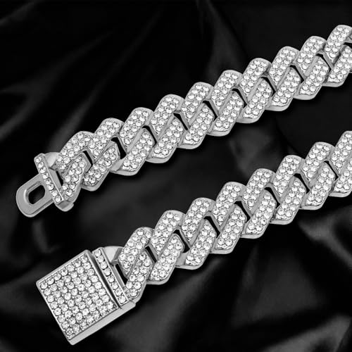 Mens Cuban Link Chain Iced Out Miami Cuban Necklace/Bracelet |14mm Silver & Gold Plated Chains | Bling Diamond Hip Hop Jewelry For Men Women - color: Silver, size: 20 inches