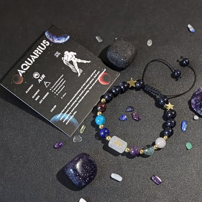 Zodiac Bracelets for Women 12 Constellations Healing Crystal Stone Beads Bracelet Birthday Zodiac Gifts Horoscope Spiritual Bracelet - color: Aquarius-2