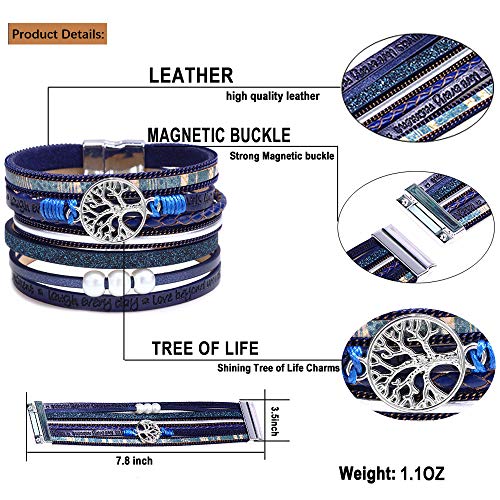 Desimtion Inspirational Tree of Life Boho Leather Wrap Bangle Bracelets for Women, Teen Girl Gifts Trendy Stuff, Fashion Accessories Jewelry Gifts for Women Girls - color: Blue