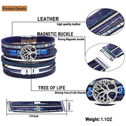 Desimtion Inspirational Tree of Life Boho Leather Wrap Bangle Bracelets for Women, Teen Girl Gifts Trendy Stuff, Fashion Accessories Jewelry Gifts for Women Girls - color: Blue