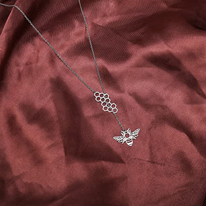 18K Gold Plated Stainless Steel Bee Honeycomb Pendant Necklace, Adjustable Y Lariat Conch/Guitar/Horseshoe Necklace for Women - color: Silver, style: Bee