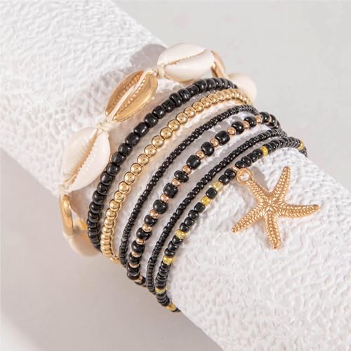 Bohemian Stackable Shell Beaded Ankle Bracelets for Women Colorful Boho Multi-Layer Seashell Gold Starfish Adjustable Handmade Braid Bracelet Summer Beach Holiday Accessories Gifts - color: Black
