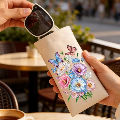 Diamond Art Painting Eye Glass Bag PU Sunglasses Glasses Storage Bag Built-in Glasses Cloth Press Automatic Closure - color: Flowers02