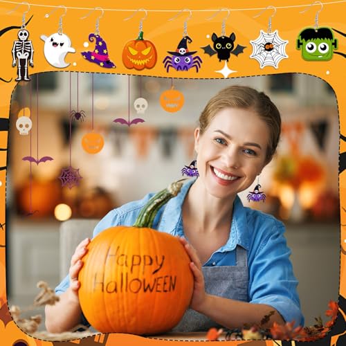 8 Pairs Halloween Acrylic Earrings for Women Spooky Dangle Jewelry | Pumpkin Spider Ghost Witch Hat Earrings, Halloween Jewelry Gifts Party Accessories, Lightweight Acrylic, Double Side - style: Halloween A