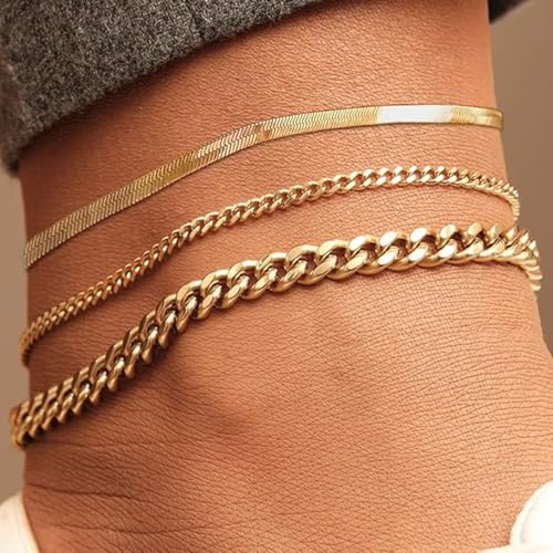 Gold Stainless Steel Anklet Chain for Women Adjustable Ankle Bracelet Fashionable Simple Design, Round mold chain - color: Gold+ Round mold chain, size: 22+3cm