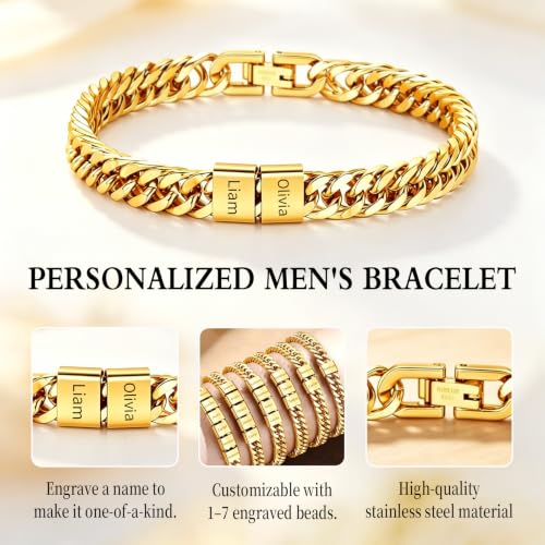 LAPE Custom Cuban ID Bracelet for Men with Engraved Name Stainless Steel | Custom engraved name beads, stainless steel Cuban chain, personalized men jewelry, gift for husband, dad, lover, friend
