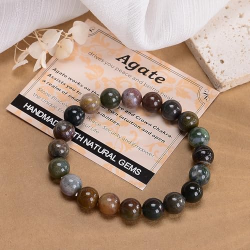 MASSIVE BEADS Handmade Yoga Stretch Elastic Bracelet Natural Stone Crystal Healing Power Energy Gifts for Unisex Adult 4mm 6mm 8mm 10mm - color: Indian Agate(Peaceful), size: 10mm