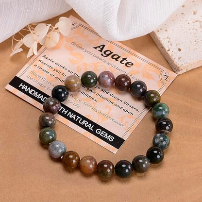 MASSIVE BEADS Handmade Yoga Stretch Elastic Bracelet Natural Stone Crystal Healing Power Energy Gifts for Unisex Adult 4mm 6mm 8mm 10mm - color: Indian Agate(Peaceful), size: 10mm