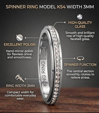 King Ring 3mm Spinner Rings – Premium Stainless Steel Fidget Rings for Women - Designed in USA - color: Silver White