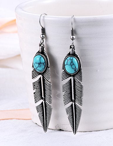 Women's Created-Turquoise Earrings Bohemian Compressed-Turquoise Jewelry Mother Gifts Pendant Metal Tribal Feather Tibetan Dangle Drop Earrings for Women | Compressed-Turquoise Jewelry,Mother Gifts,Pendant Metal Tribal Feather Tibetan Dangle Drop Earrings