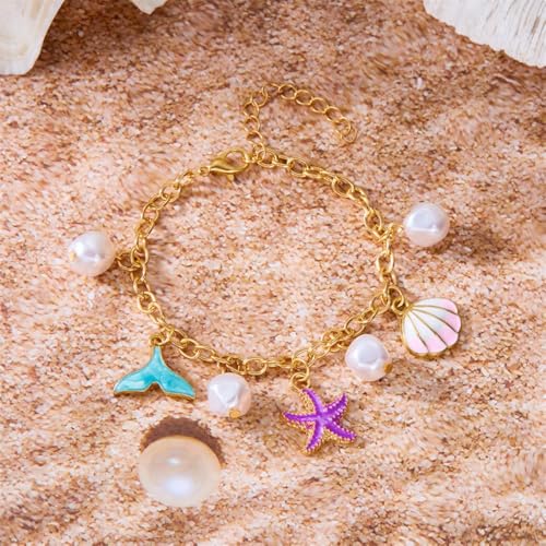 Shell Starfish Bracelet Seahorse Conch Starfish Sea Shell Pearls Charm Stone Bracelet Statement Bohemian Sea Themed Beach Jewelry for Women - color: Colorful A