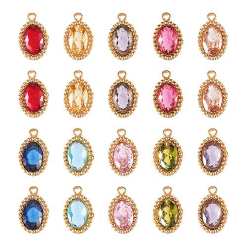 Pandahall 20Pcs 18K Gold Plated Stainless Steel Rhinestone Pendants Small Crystal Oval Charms Faceted Glass Cubic Zirconia Charm for DIY Necklace Bracelet Earring Craft